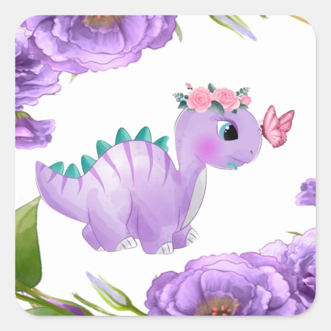 Adesivo Quadrado Praça Chá de fraldas Floral do Dinossauro Roxo Ado (Frente)