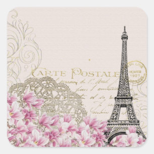 Adesivo Quadrado Praça da Torre de Paris Eifel, Arte Rosa Vintage