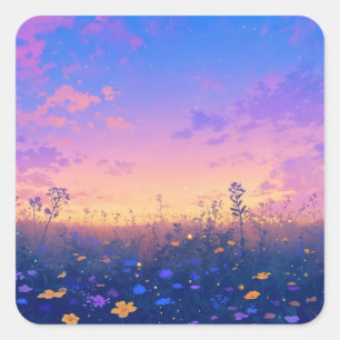 Adesivo Quadrado Prado Vibrante de Flores Silvestres ao Pôr do Sol