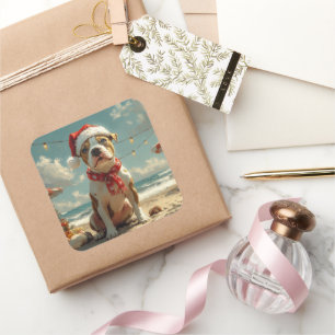 Adesivo Quadrado Praia da Vintagem de Natal do Cão Pitbull