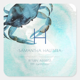 Adesivo Quadrado Praia do Monograma de Caranguejo Azul PixDezines