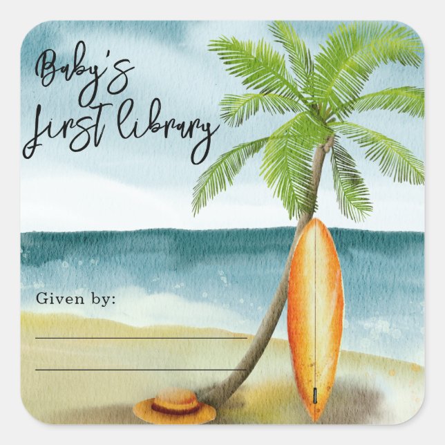 Adesivo Quadrado praia do surf - primeira biblioteca do bebê (Frente)