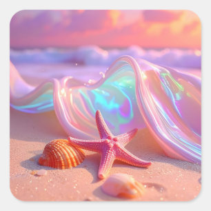 Adesivo Quadrado Praia dos Sonhos Fantasia Com Estrela-do-Mar Rosa