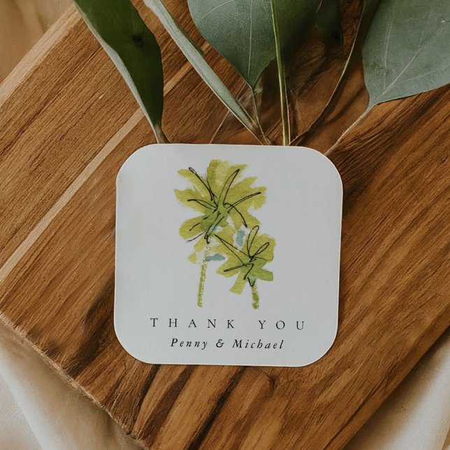 Adesivo Quadrado Praia Palm Trees Tropicais Obrigado Favor (Beach Palm Trees Tropical Thank You Favor Square Sticker)