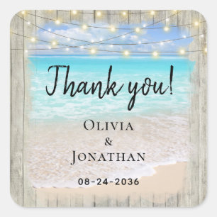 Adesivo Quadrado Praia Rústica Madeira Casamento Costeiro Agradecim