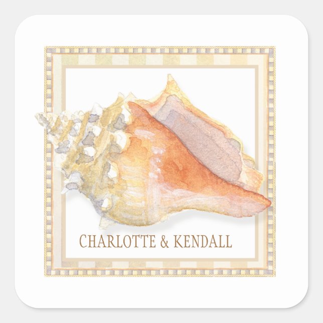 Adesivo Quadrado Praias de Envelope de Casamento Conch Shell Conch (Frente)