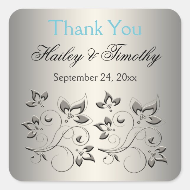 Adesivo Quadrado Prata, Aqua, Floral Preta, Obrigado Sticker (Frente)