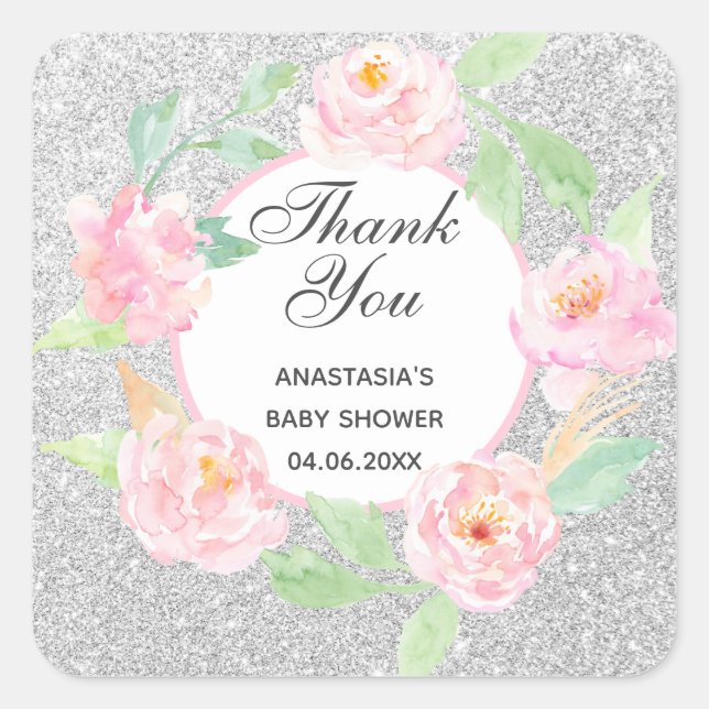 Adesivo Quadrado Prata e Fita Floral Rosa Obrigado Chá de fraldas (Frente)