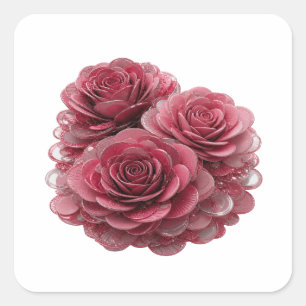 Adesivo Quadrado Prata Ousada TRÊS ROSAS ROSADAS COM GOTAS DE ÁGUA
