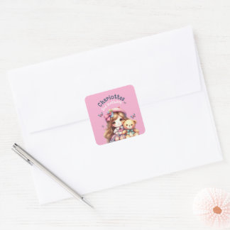 Adesivo Quadrado Prato de papel personalizado para menina aniversar
