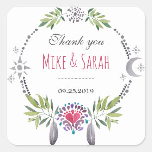 Adesivo Quadrado Prato De Pássaros Padrão Tribal Obrigado Sticker