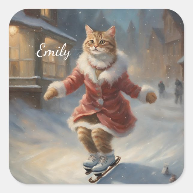 Adesivo Quadrado Pregando Gato de Natal Bonito Reproduzindo (Frente)
