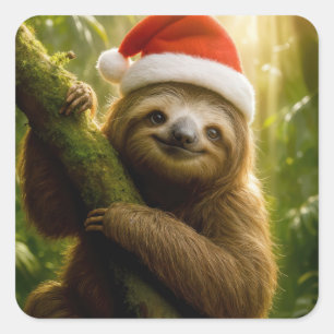 Adesivo Quadrado Preguiça de Natal Vestindo um Chapéu de Papai Noel