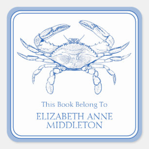 Adesivo Quadrado Preppy Blue e White Crab Bookplate