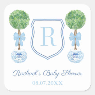 Adesivo Quadrado Preppy Blue Monograma Boxwood Favor do Chá de fral