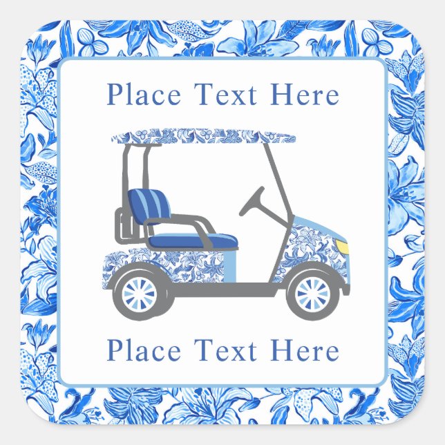 Adesivo Quadrado Preppy Blue & White Flowers Golf Cart (Frente)