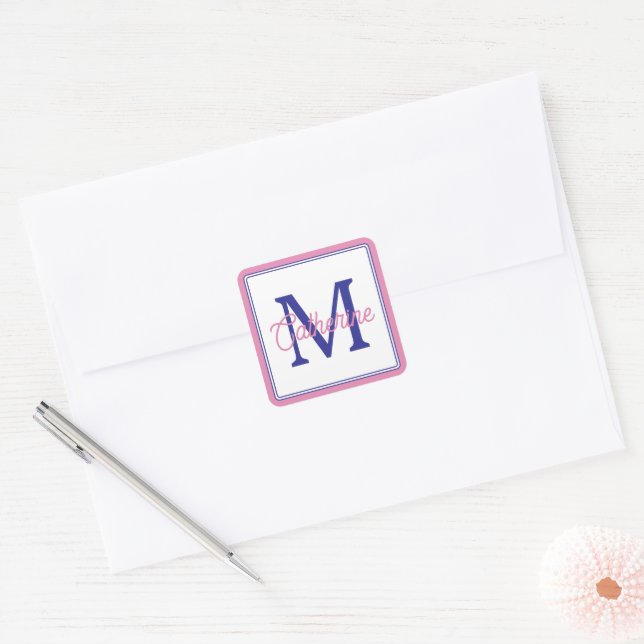 Adesivo Quadrado Preppy Pink and Navy Blue Simple Monogram (Envelope)