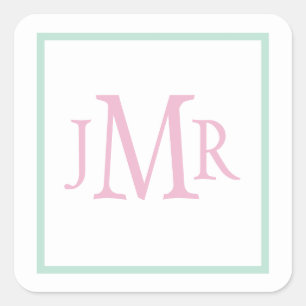 Adesivo Quadrado Preppy Verde menta & Monograma Rosa 