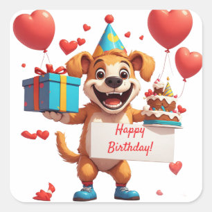 Adesivo Quadrado Presente de Aniversário de Cachorro Feliz Com Cora