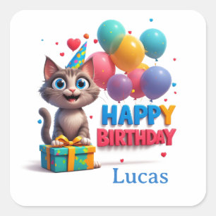 Adesivo Quadrado Presente de Aniversário de Gato Olhos Grandes 🎉
