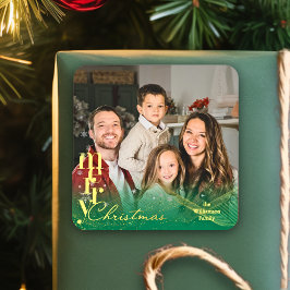 Adesivo Quadrado Presente de Foto de Natal de Família de Férias Mod