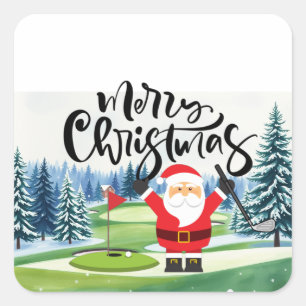 Adesivo Quadrado Presente de Natal de Golfe com Papai Noel Golfista