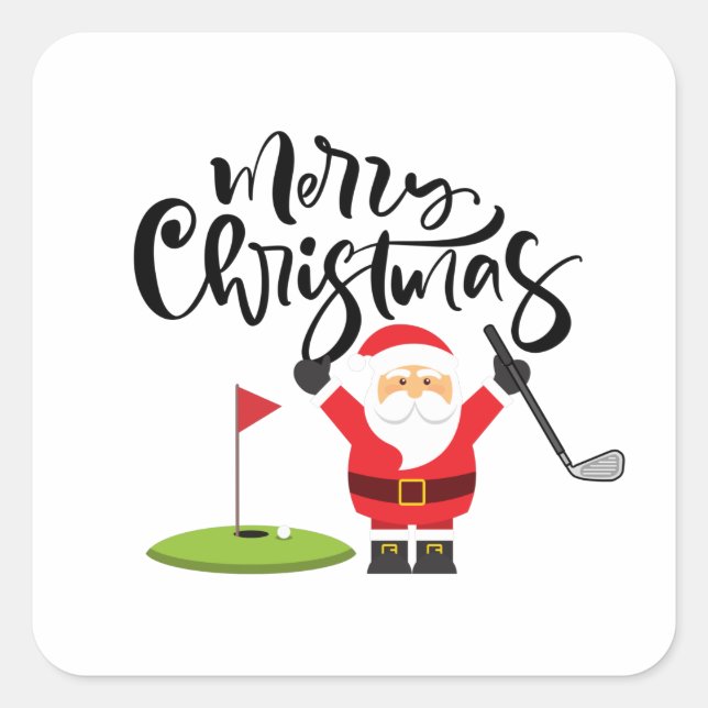 Adesivo Quadrado Presente de Natal de Golfe com Papais noeis Golfer (Frente)