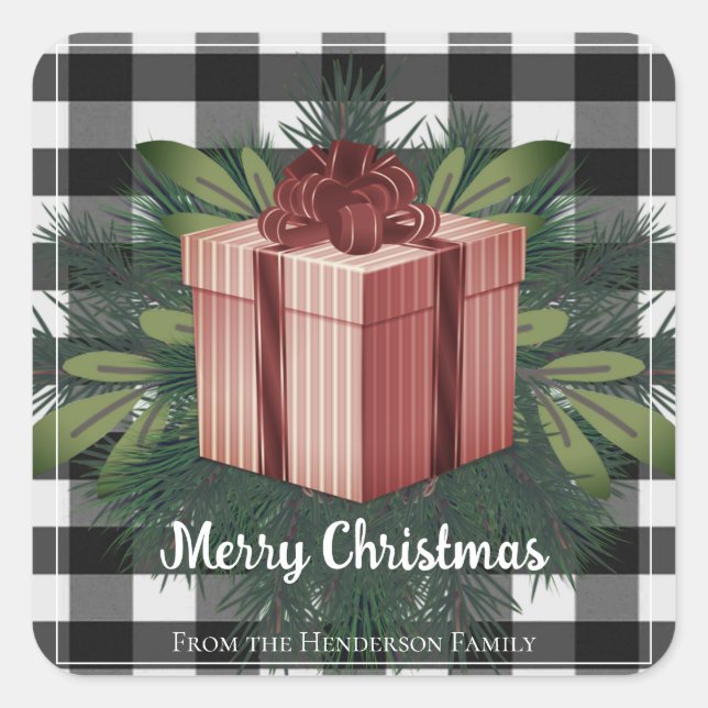 Adesivo Quadrado Presente de Natal na Xadrez de Buffalo | Natal Ver (Frente)
