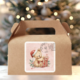 Adesivo Quadrado Presente de Natal Urso Teddy Fofo Selo Postal Vint