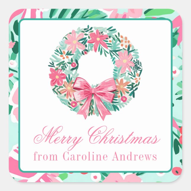 Adesivo Quadrado Presente de Pink e Fresca de Natal Verde (Frente)