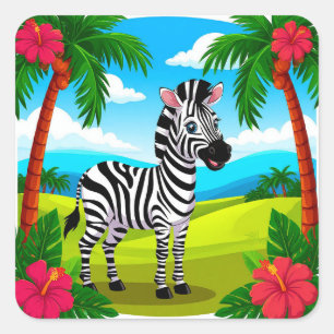Adesivo Quadrado Presente de Zebra de Desenho Animado Diversão Selv