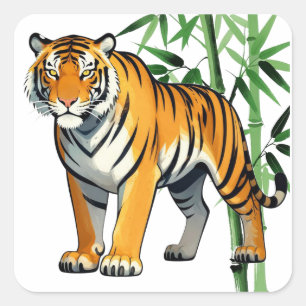 Adesivo Quadrado Presente do Tigre de Desenho Tigre Laranja Preto
