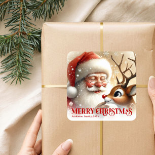 Adesivo Quadrado Presente Personalizado de Natal do Papai Noel Rudo