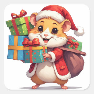 Adesivo Quadrado Presentes de Natal do Hamster Santa