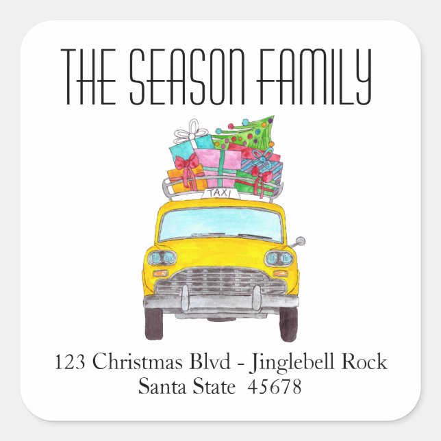 Adesivo Quadrado Presentes de Natal do táxi amarelo de Nova York (Frente)