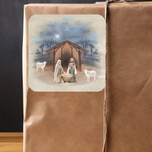 Adesivo Quadrado Presépio de Natal Cena de Natividade Aquarela