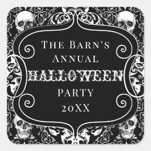 Adesivo Quadrado Preto Branco Halloween Damask Skull Gótica Person