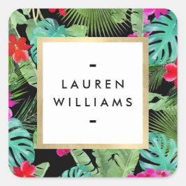 Adesivo Quadrado Preto Designer de Aquarela de Impressão Tropical C