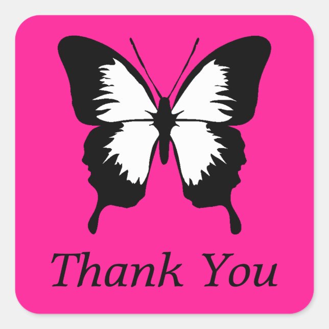 Adesivo Quadrado Preto e Branco e Rosa com Asas Obrigado (Frente)