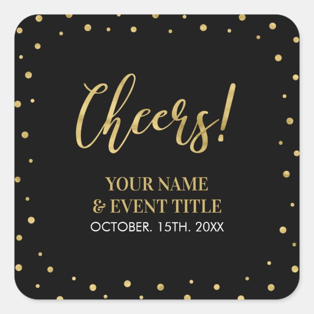 Adesivo Quadrado Preto e Dourado | Favor de Aniversário para Adulto (Frente)