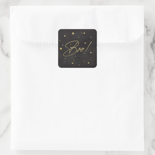 Adesivo Quadrado Preto Elegante+Estrelas Douradas Espalhadas Boo! D (Bolsa)