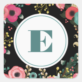 Adesivo Quadrado Preto Floral Moderno | Rosa | Casamento por Monogr