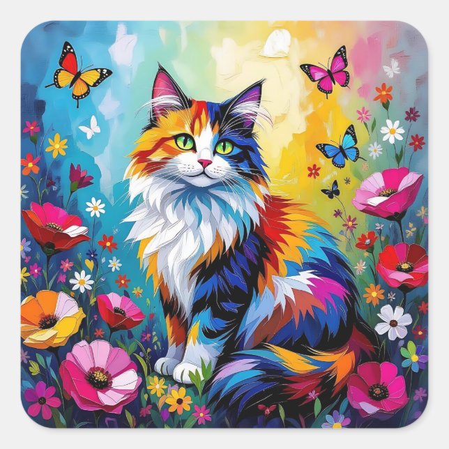 Adesivo Quadrado Pretty Colorful Impasto Cat and Flowers (Frente)