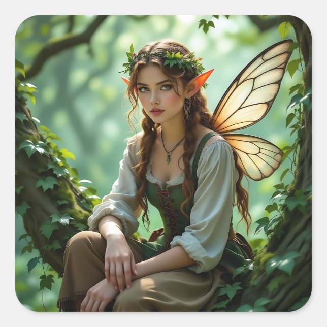 Adesivo Quadrado Pretty Elven Fairy in Enchanted Forest (Frente)