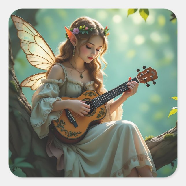 Adesivo Quadrado Pretty Elven Fairy Playing Ukulele (Frente)