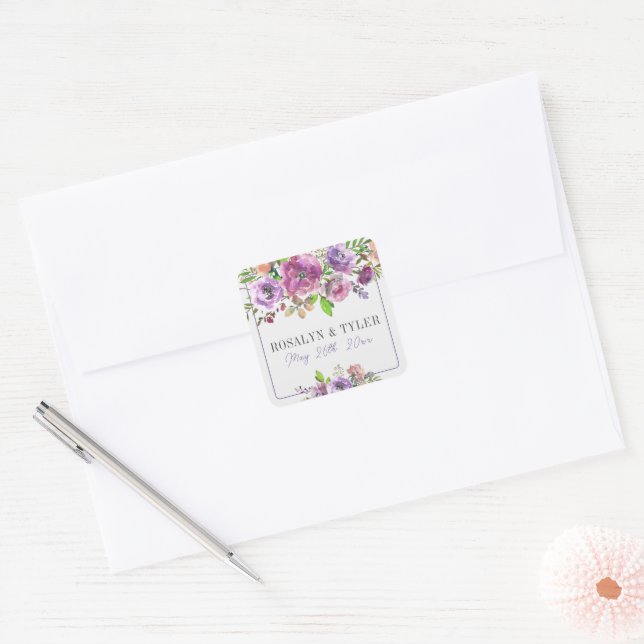 Adesivo Quadrado Primavera Blossoms Floral Pêssego Violeta Casament (Envelope)