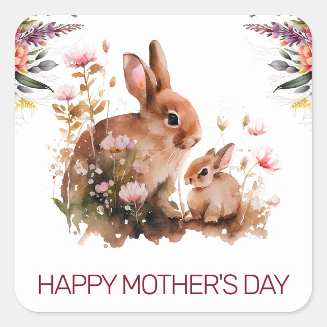 Adesivo Quadrado Primavera de Aquarela Dia de as mães Mãe e Bebê (Frente)