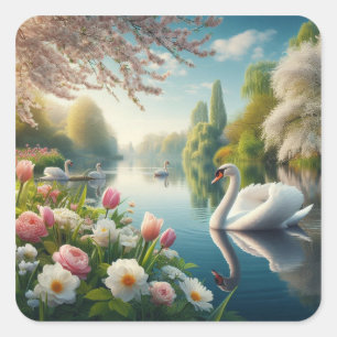 Adesivo Quadrado Primavera do lago de swan floral