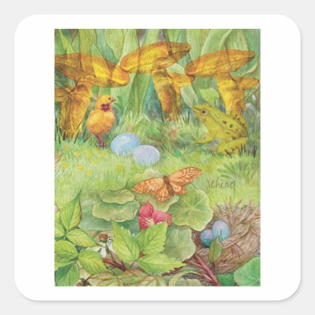 Adesivo Quadrado Primavera Garden com Pintinho e Froggie (Frente)