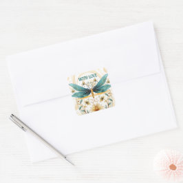 Adesivo Quadrado Primavera Themed Whimsical Blue e Dragonfly Dourad